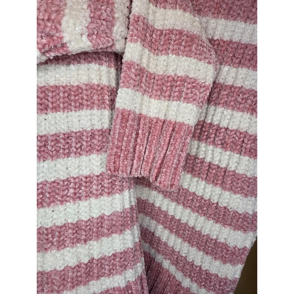 Justice Girls Pink White Striped Chenille Knit Hoodie Sweater Juniors 18/20